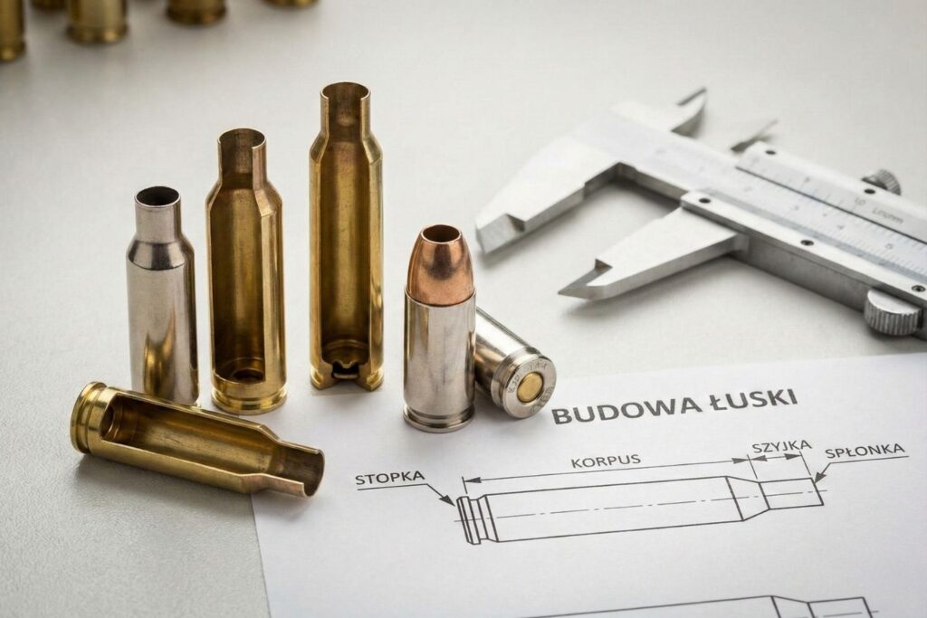 Łuski amunicji i narzędzia pomiarowe.